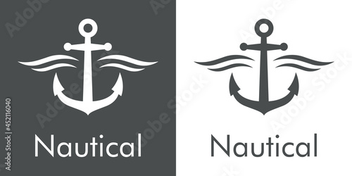 Logotipo con texto Nautical y silueta de ancla de barco con olas en fondo gris y fondo blanco