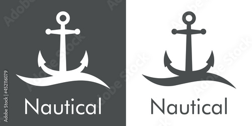 Logotipo con texto Nautical y silueta de ancla de barco con olas en fondo gris y fondo blanco