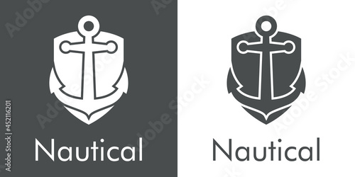 Logotipo con texto Nautical y ancla de barco en escudo en fondo gris y fondo banco
