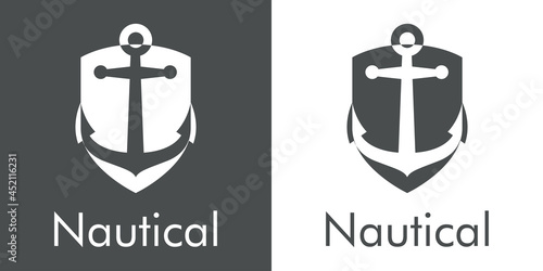 Logotipo con texto Nautical y ancla de barco en escudo en fondo gris y fondo banco