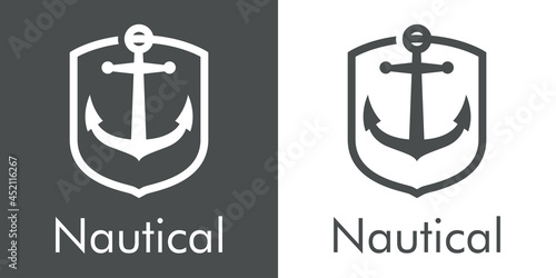 Logotipo con texto Nautical y ancla de barco en escudo con lineas en fondo gris y fondo banco