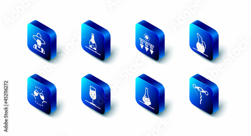 Set Champagne bottle, Drying grapes, Decanter for wine, Wine corkscrew, glass, tasting, degustation and Farmer the hat icon. Vector
