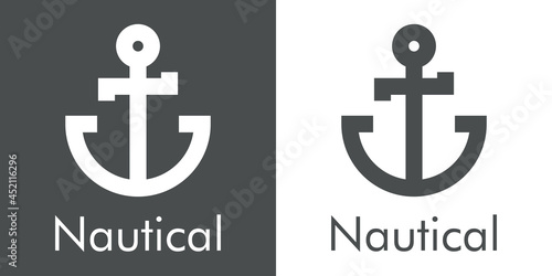 Logotipo con texto Nautical y silueta de ancla de barco con lineas en fondo gris y fondo blanco