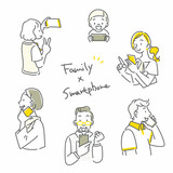 スマホライフを楽しむ家族セット　シンプルでお洒落な線画イラスト