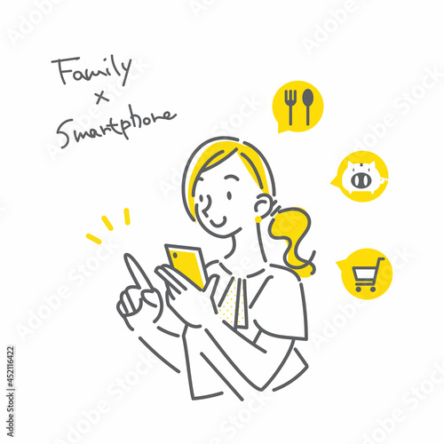 笑顔でスマホを操作する若い女性　シンプルでお洒落な線画イラスト