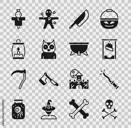 Set Skull on crossbones, Magic wand, Guillotine, Knife, Owl bird, Camping lantern, Scarecrow and Halloween witch cauldron icon. Vector