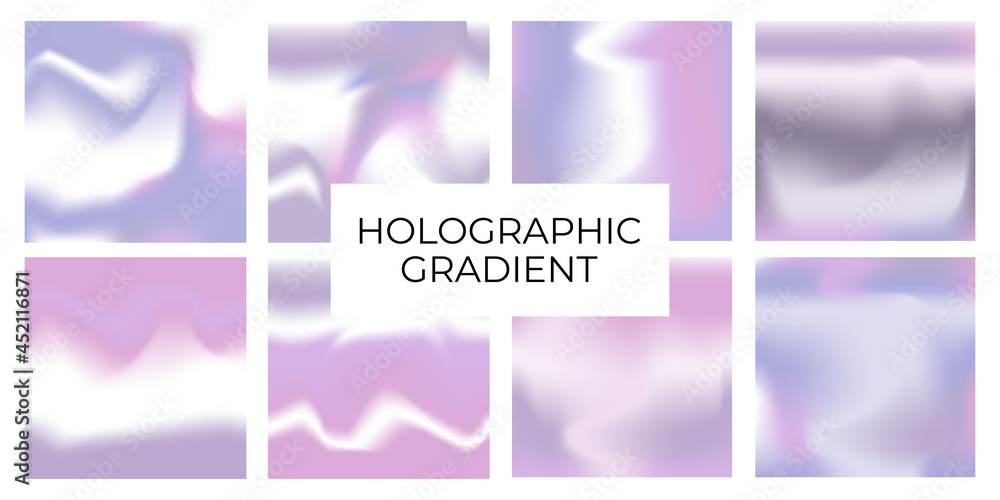 Hologram backgrounds: a set of eight realistic cards with artificial holographic foil, perfect for journaling, filling cards, business cards and modern brochures or flyers