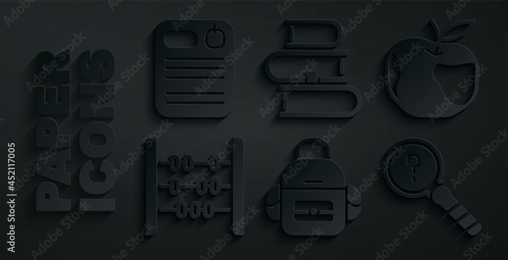Set School backpack, Apple, Abacus, Unknown search, Book and Dossier folder icon. Vector Set School backpack, Apple, Abacus, Unknown search, Book and Dossier folder icon. Vector