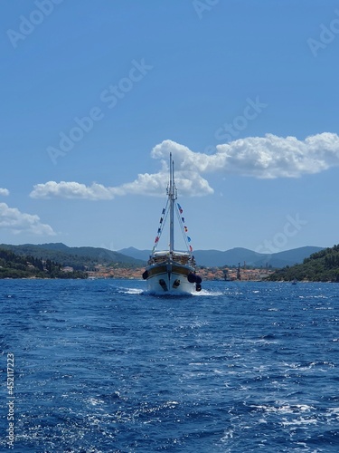 Excursion ship departing from the marina in Vela Luka. Vela Luka is beautiful Croatian seaside town near Split. Vela Luka is also a home of famous Croatian singer Oliver Dragojevic.