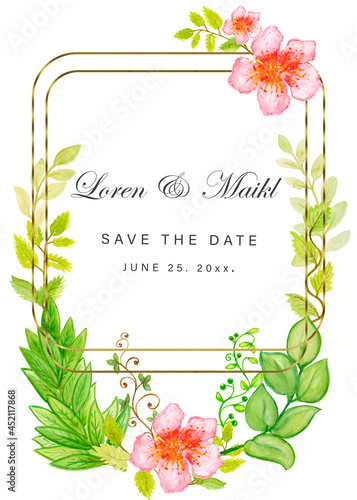 Wedding invitation template with green watercolor eucalyptus leaves pink flowers  and gold frame on white background. A spring card, an invitation floral greenery card. Hand drawn illustration.