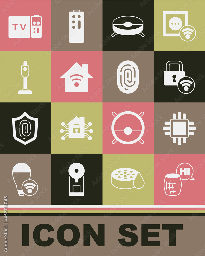Set Voice assistant, Processor with CPU, Digital door lock, Robot vacuum cleaner, Smart home wi-fi, Vacuum, Multimedia and TV box receiver and Fingerprint icon. Vector Set Voice assistant, Processor with CPU, Digital door lock, Robot vacuum cleaner, Smart home wi-fi, Vacuum, Multimedia and TV box receiver and Fingerprint icon. Vector