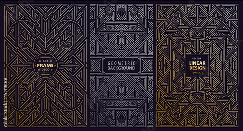 Vector set of monogram design in trendy vintage and mono line style frames, covers, abstract silver and golden geometric frames, luxury packaging templates. Use for ad, poster, card. Art deco.