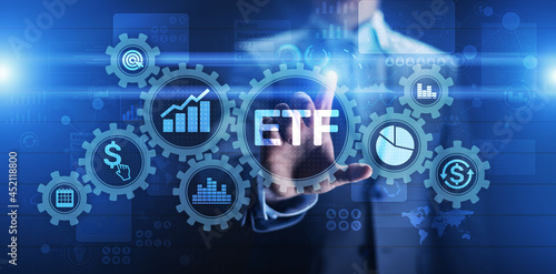 ETF Exchange traded fund Trading Investment Business finance concept on virtual screen.