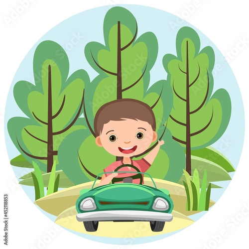 Childrens trip in a small car. Kid drives a pedal or electric toy automobile. Cartoon round illustration. Isolated. Summer rural landscape. Vector