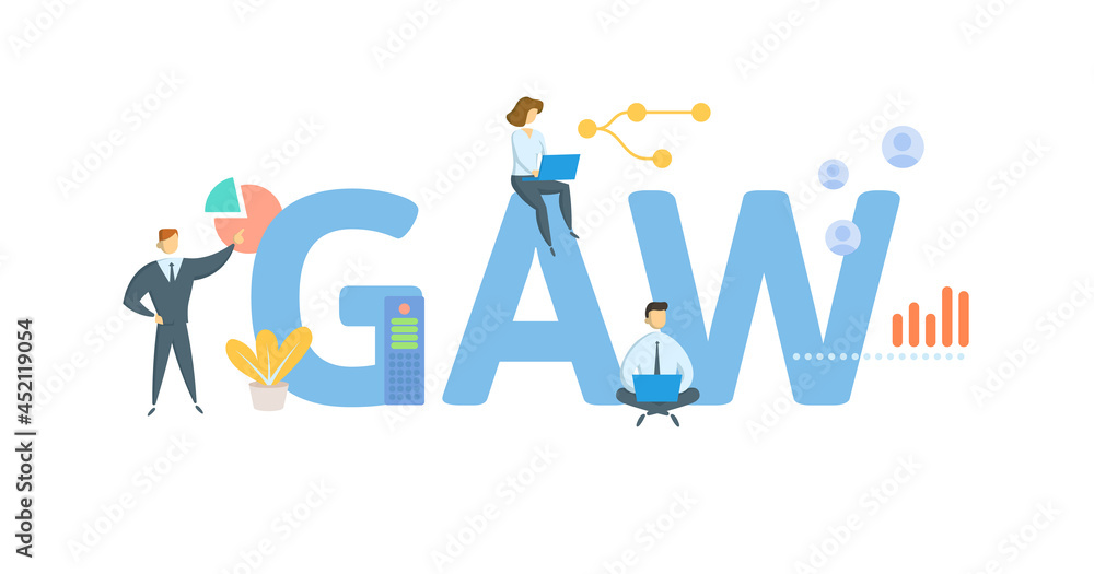 GAW, Guaranteed Annual Wage. Concept with keyword, people and icons. Flat vector illustration. Isolated on white.