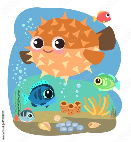 Little landscape. Puffer fish. Underwater life. Wild animals. Ocean, sea. Summer water. Isolated on white background. Illustration in cartoon style. Flat design. Vector art