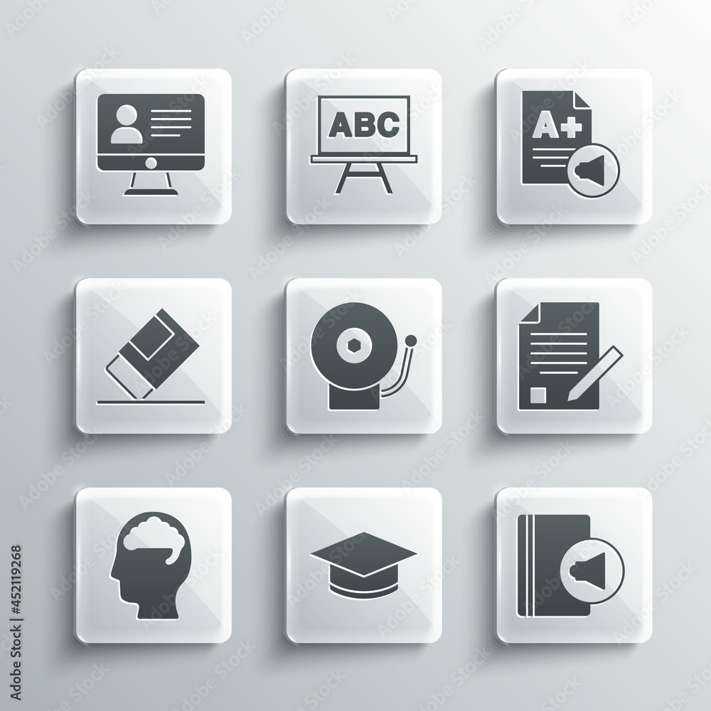 Set Graduation cap, Audio book, Exam sheet and pencil, Ringing alarm bell, Human brain, Eraser or rubber, Online class and with plus grade icon. Vector Set Graduation cap, Audio book, Exam sheet and pencil, Ringing alarm bell, Human brain, Eraser or rubber, Online class and with plus grade icon. Vector