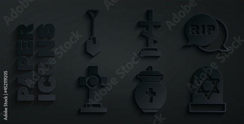 Set Funeral urn, Speech bubble rip death, Grave with cross, star of david, and Shovel icon. Vector