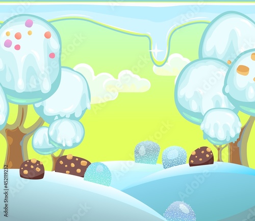 Landscape with ice cream on chocolate sticks. Childrens picture background. Cartoon style. Snow drifts. Cold winter dream land. Refreshing sweets and drips. Vector