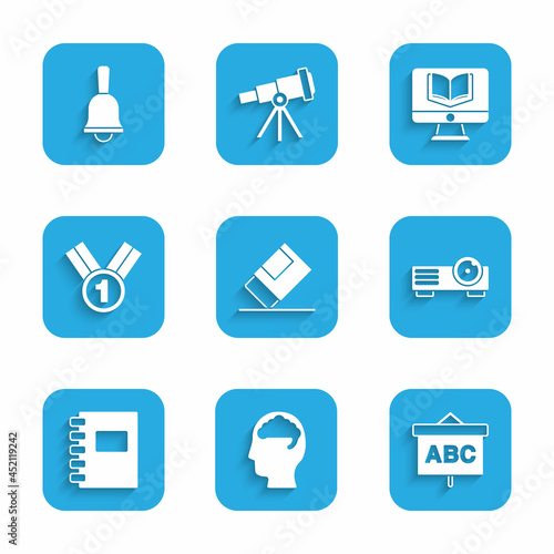 Set Eraser or rubber, Human brain, Chalkboard, Movie, film, media projector, Spiral notebook, Medal, Online class and Ringing bell icon. Vector