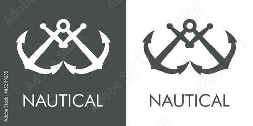 Logotipo con texto Nautical y silueta de 2 anclas de barco en fondo gris y fondo blanco