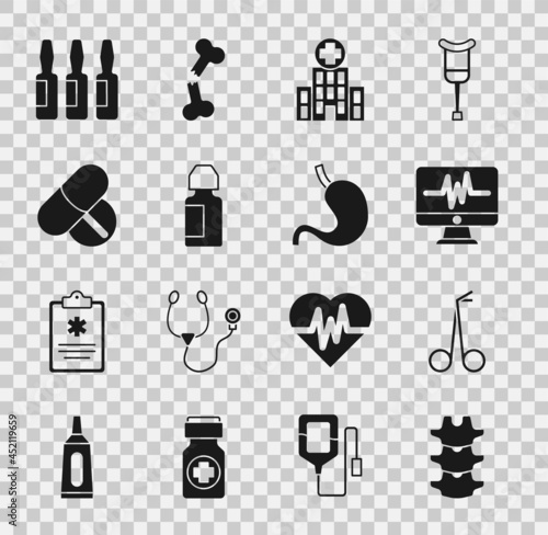 Set Human spine, Medical scissors, Monitor with cardiogram, hospital building, Eye drop bottle, Medicine pill tablet, vial, ampoule and stomach icon. Vector