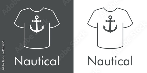 Logotipo con texto Nautical y silueta de ancla en camiseta en fondo gris y fondo blanco