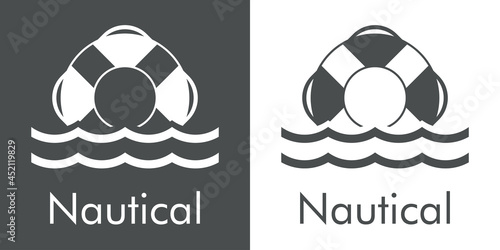 Logotipo con texto Nautical y silueta de anillo salvavidas con olas en fondo gris y fondo blanco