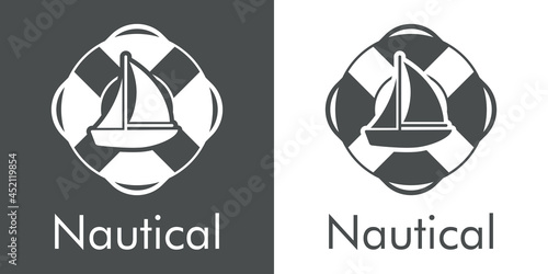 Logotipo con texto Nautical y silueta de barco de vela en anillo salvavidas en fondo gris y fondo blanco