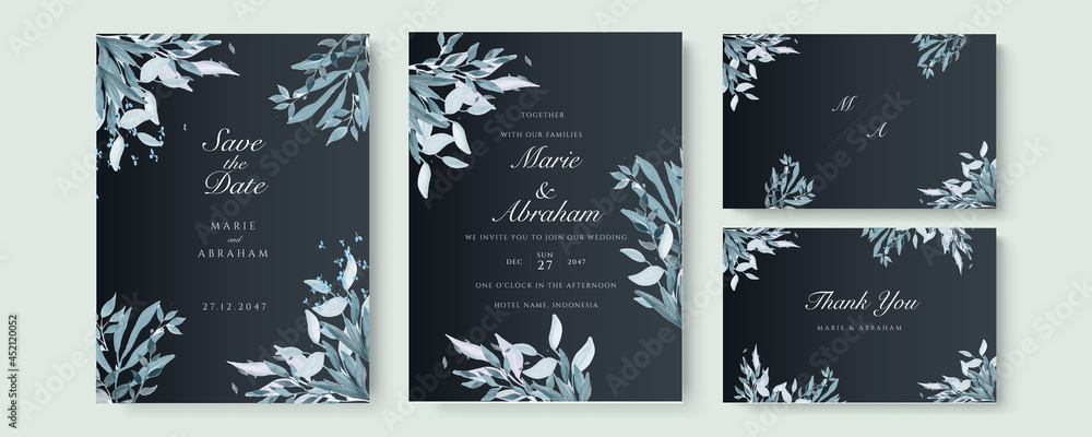 Wedding invitation card template set with blue white flower bouquet ...