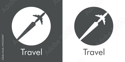 Logotipo con texto Travel y silueta de avión con trayectoria en círculo en fondo gris y fondo blanco