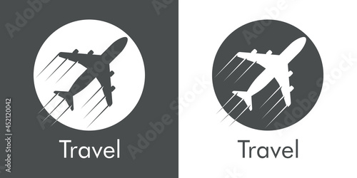 Logotipo con texto Travel y silueta de avión con trayectoria en círculo con lineas en fondo gris y fondo blanco