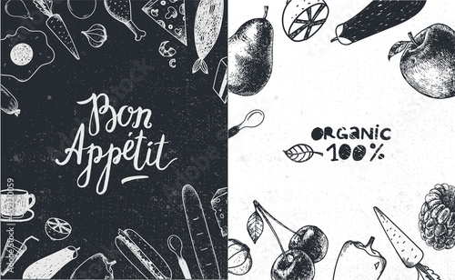 Vector food illustration. Templates design with hand drawn breakfast, dinner. Can be used for brochures, banner, restaurant menu, organic food store. Bon appetit lettering. Kitchen, cooking.