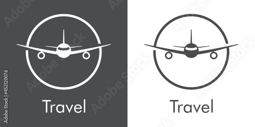 Logotipo con texto Travel y silueta de avión en círculo con lineas en fondo gris y fondo blanco