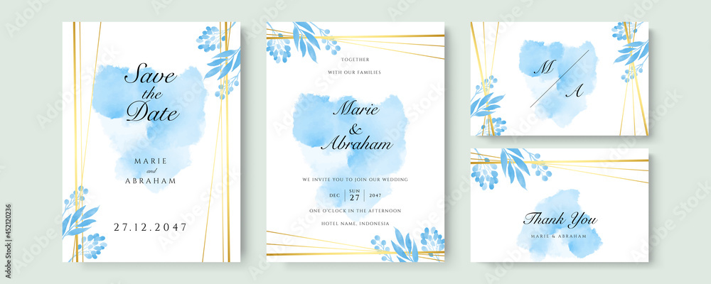 Wedding invitation card template set with blue white flower bouquet wreath leave watercolor painting. Blue watercolor wedding invitation card template set with gold glitter and line decoration.
Wedding invitation card template set with blue white flower bouquet wreath leave watercolor painting. Blue watercolor wedding invitation card template set with gold glitter and line decoration.