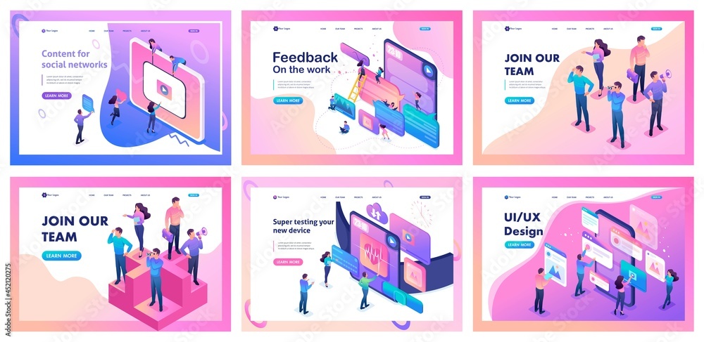 Collection of landing pages. People communicate using mobile apps, feedback, online conferences, employee search, problem solving, and brainstorming Collection of landing pages. People communicate using mobile apps, feedback, online conferences, employee search, problem solving, and brainstorming