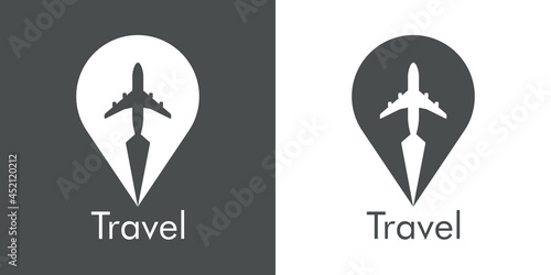 Logotipo con texto Travel y silueta de avión con trayectoria en marcador de posición en fondo gris y fondo blanco