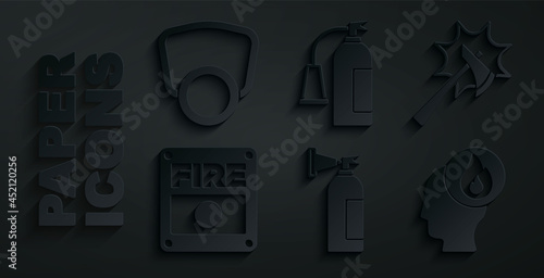 Set Fire extinguisher, Firefighter axe, alarm system, and Gas mask icon. Vector
