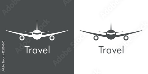 Logotipo con texto Travel y silueta de avión vista frontal en fondo gris y fondo blanco