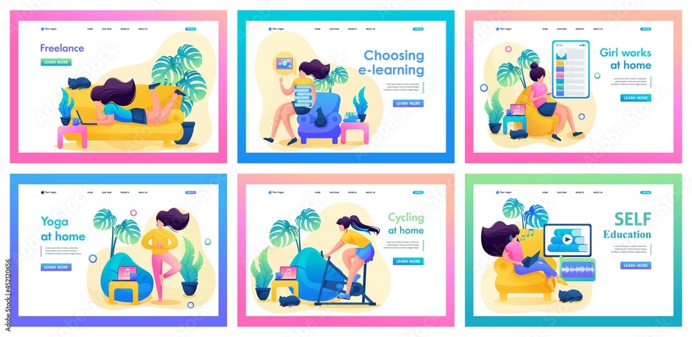 Collection of landing pages about self-isolation. Girl work at home, chat, play sports, meditation Collection of landing pages about self-isolation. Girl work at home, chat, play sports, meditation