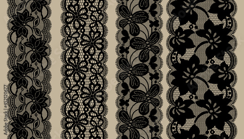 Set Of Lace Trim Vectors. Jacquard Mesh Lace Fabric.