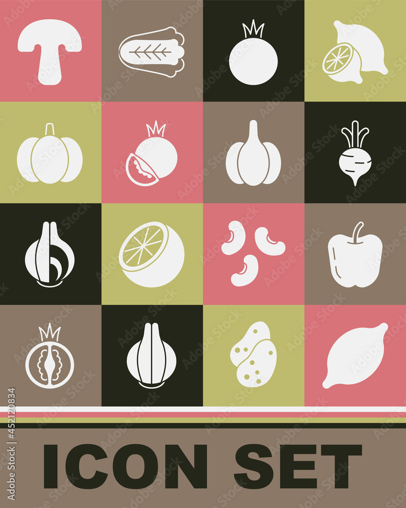 Set Lemon, Apple, Beet, Tomato, Pumpkin, Mushroom and Garlic icon. Vector Set Lemon, Apple, Beet, Tomato, Pumpkin, Mushroom and Garlic icon. Vector