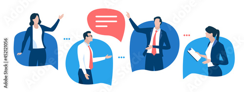 Discussion. Communication concept. Business people talking standing in the speech bubbles. Vector illustration photo