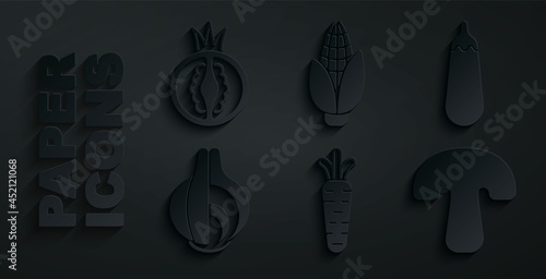 Set Carrot, Eggplant, Onion, Mushroom, Corn and Tomato icon. Vector