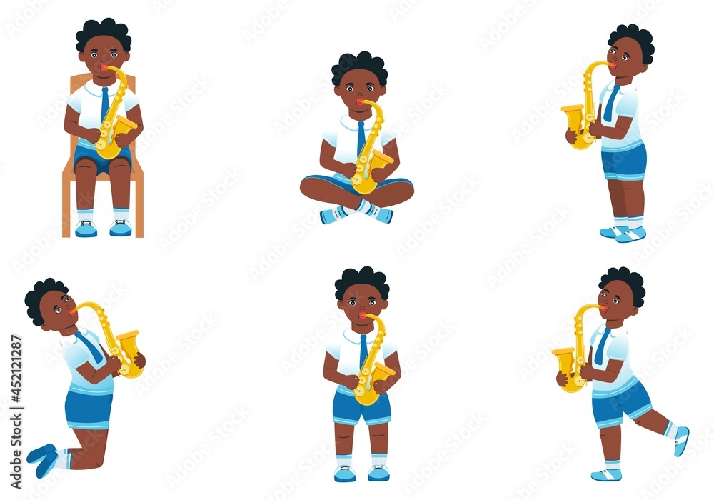 Naklejka Set of images of a boy playing saxophone Cartoon style. Vector.