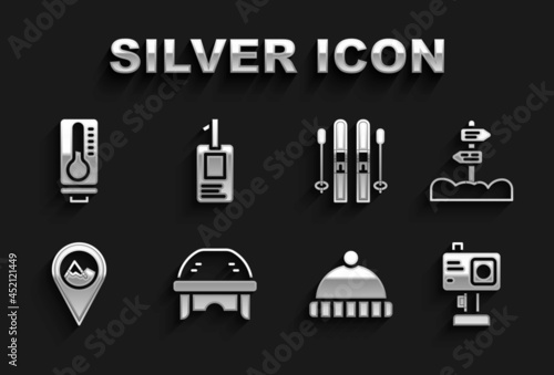 Set Hockey helmet, Road traffic signpost, Action camera, Winter hat, Location with mountain, Ski and sticks, Meteorology thermometer and Identification badge icon. Vector