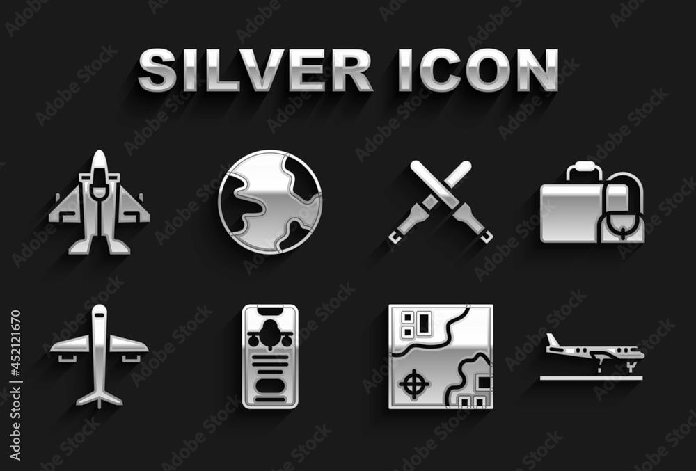Set Mobile with ticket, Suitcase, Plane, World travel map, Marshalling wands, Jet fighter and Worldwide icon. Vector Set Mobile with ticket, Suitcase, Plane, World travel map, Marshalling wands, Jet fighter and Worldwide icon. Vector