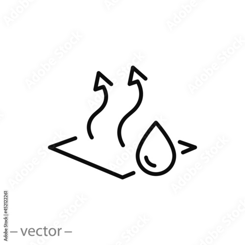 moisture evaporation process of coating, icon, drying paint or varnish surface, steam or gas arrows, drop liquid on cloth, thin line symbol on white background - editable stroke vector illustration