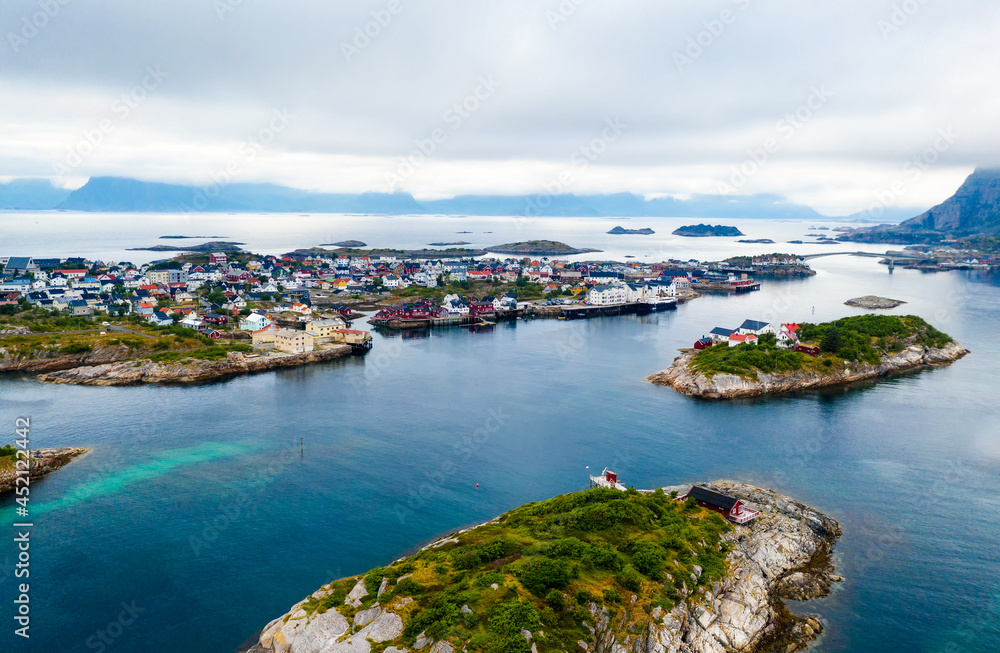 Aerial view of Henningsvaer fishing village on Lofoten islands in Norway