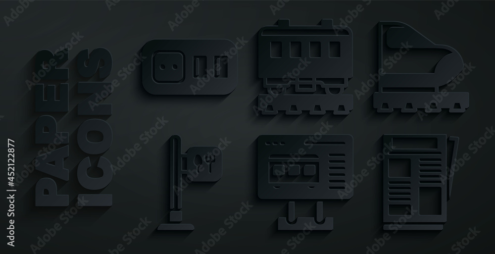 Set Ticket office to buy tickets, High-speed train, Cafe and restaurant location, News, Passenger cars and Electrical outlet icon. Vector Set Ticket office to buy tickets, High-speed train, Cafe and restaurant location, News, Passenger cars and Electrical outlet icon. Vector